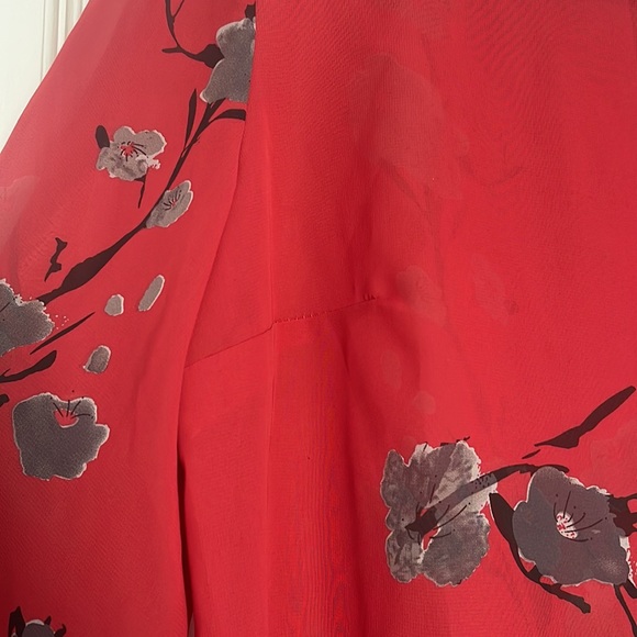 S Vintage Sheer Red Cherry Asymmetrical Blossom Floral Blouse w/Bell Sleeves - Picture 5 of 6